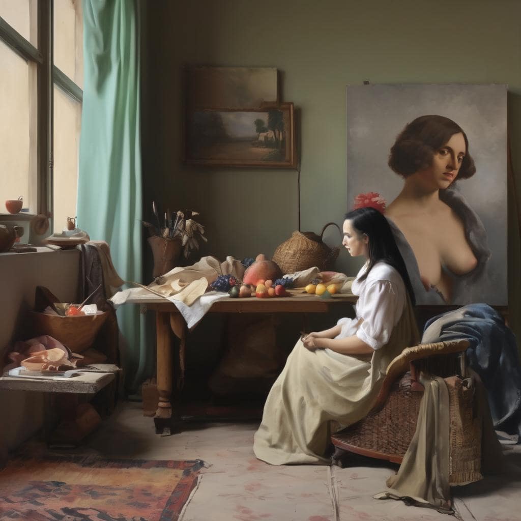 Αφηρημένη έκφραση στη μορφή, πίνακας σε ρεαλιστικό στυλ με γυναικεία μορφή, ζωγραφική σε εσωτερικό χώρο, παραδοσιακό και σύγχρονο στοιχείο, αφηρημένη τέχνη και ρεαλιστική αποτύπωση.